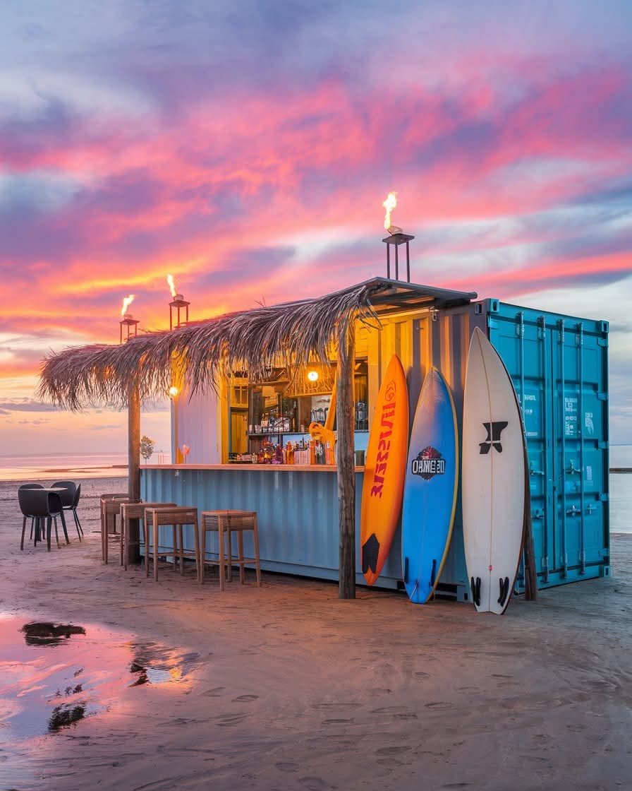 Beach bar at sunset beside our container office