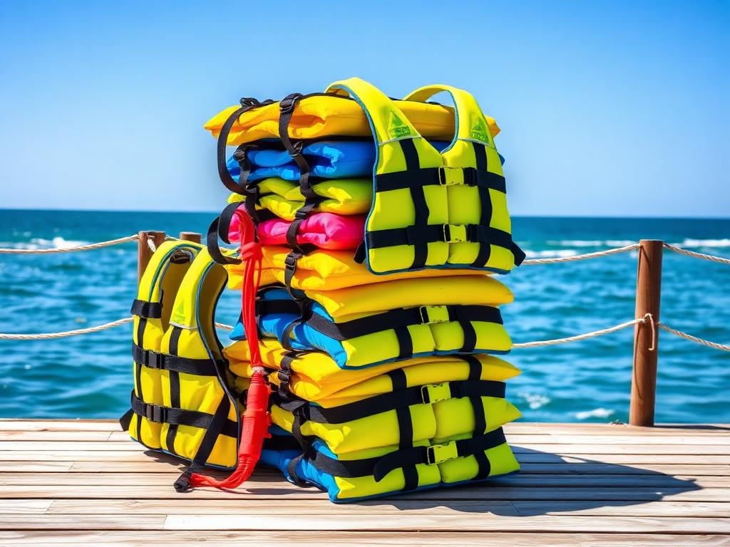 Clean life jackets stacked on the beach deck